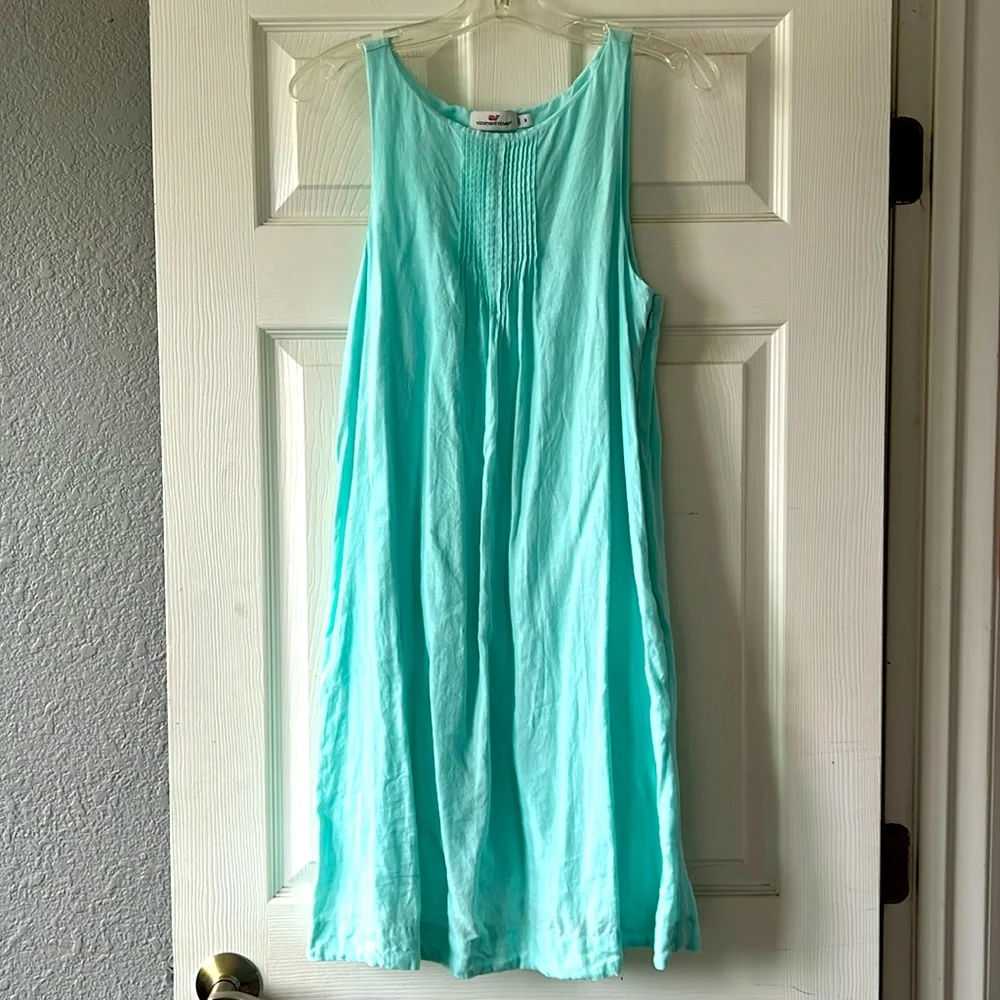 Vineyard Vines Cisco pintuck swing dress in pretty aqua linen - Picture 1 of 6